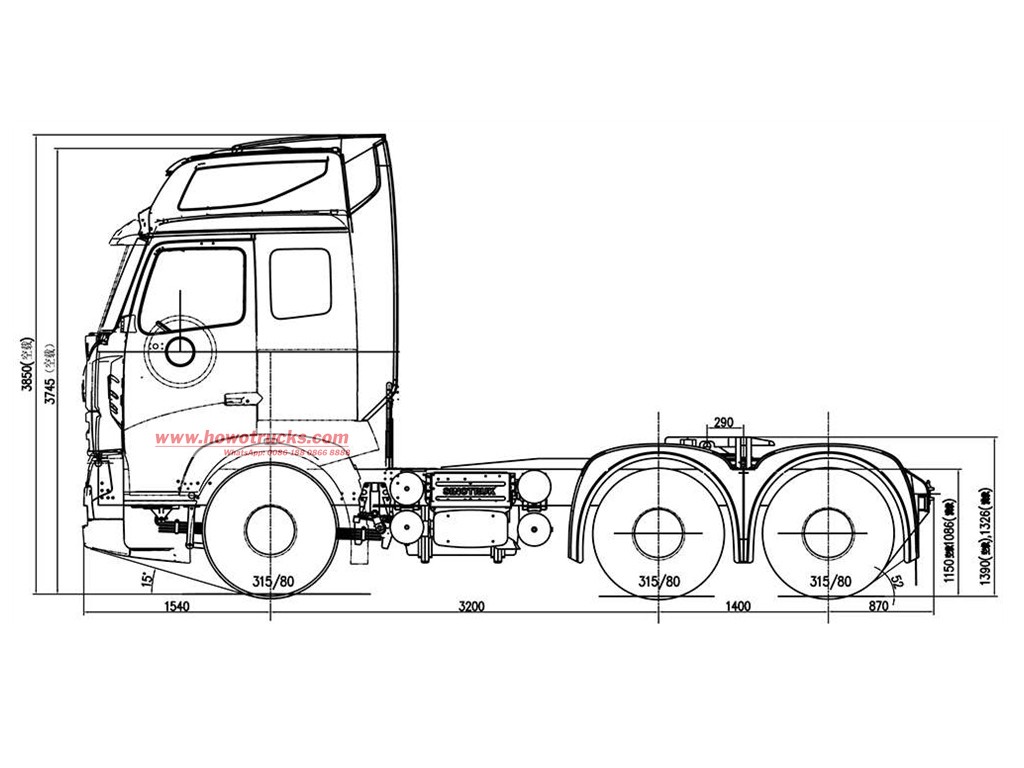 Technical drawing of HOWO tractor truck Technical drawing of HOWO tractor truck